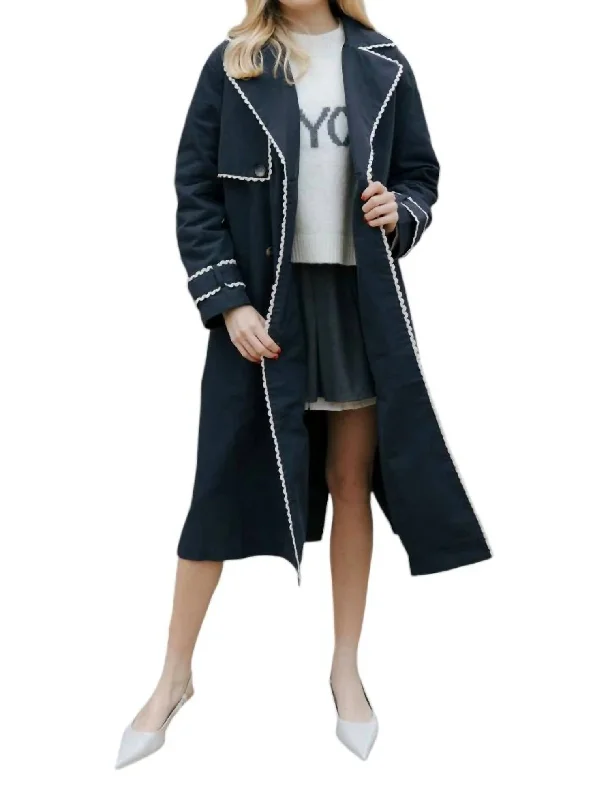 Lace Trim Trench Coat In Navy