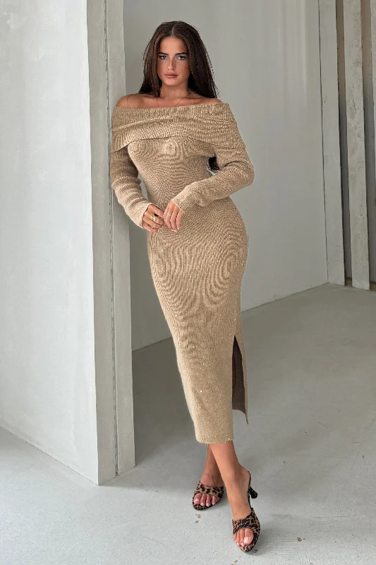 Brea Knitted Sequin Bardot Midi Dress Camel