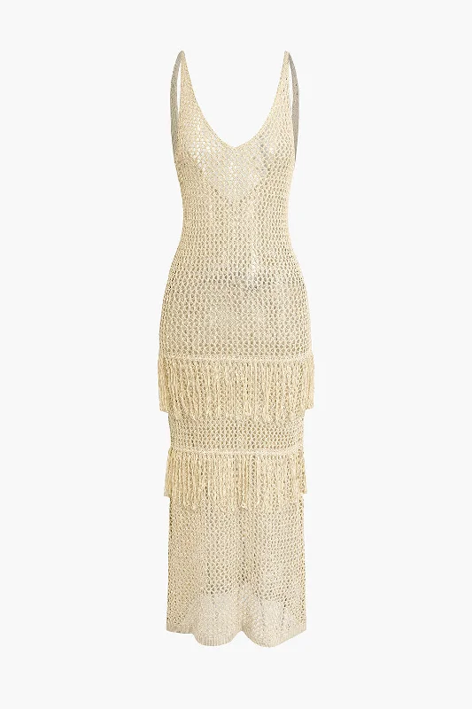 Solid Knit Fringe Backless Dress