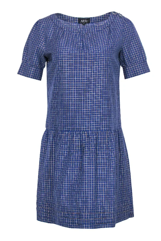 Halter Neck Women Dress to Show Off the Shoulders and Neckline Halter Neck Women Dress to Show Off the Shoulders and Neckline A.P.C. - Blue & Gold Grid Print Short Sleeve Drop Waist Dress Sz S Halter Neck Women Dress to Show Off the Shoulders and Neckline Halter Neck Women Dress to Show Off the Shoulders and Neckline A.P.C. - Blue & Gold Grid Print Short Sleeve Drop Waist Dress Sz S
