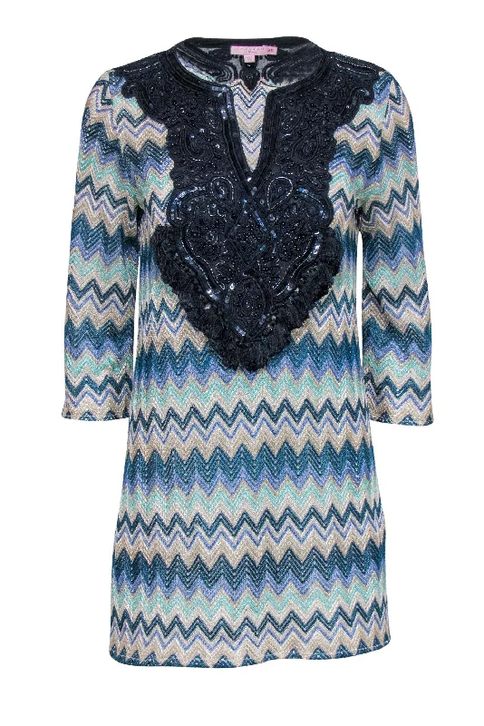 Wrap - Style Women Dress with Adjustable Fit for All Body Types Wrap - Style Women Dress with Adjustable Fit for All Body Types Calypso - Blue Zigzag Crochet Dress w/ Beading Sz XS