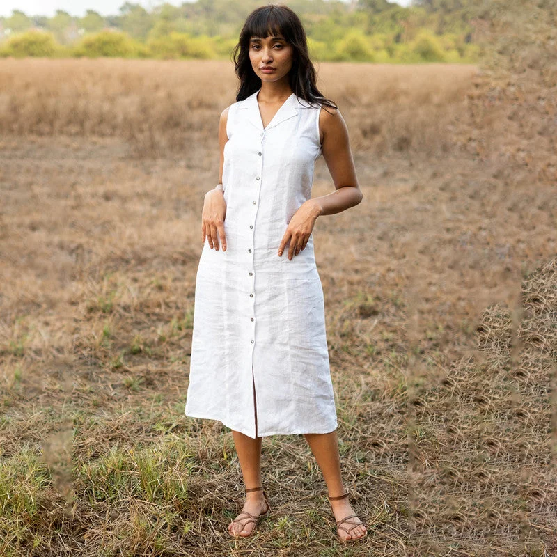 Plus Size Women Dress with a Flattering A - Line Cut for Comfort and Style Plus Size Women Dress with a Flattering A - Line Cut for Comfort and Style Linen White Dress for Women | Notch Collar
