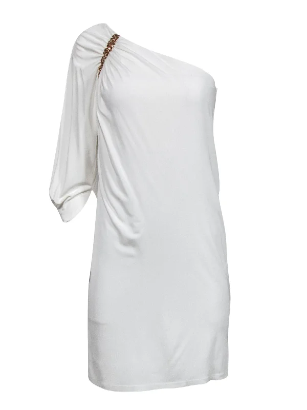 Wrap - Style Women Dress with Adjustable Fit for All Body Types Wrap - Style Women Dress with Adjustable Fit for All Body Types David Meister - White One-Shoulder Shift Dress w/ Gold Studs Sz 4 Wrap - Style Women Dress with Adjustable Fit for All Body Types Wrap - Style Women Dress with Adjustable Fit for All Body Types David Meister - White One-Shoulder Shift Dress w/ Gold Studs Sz 4