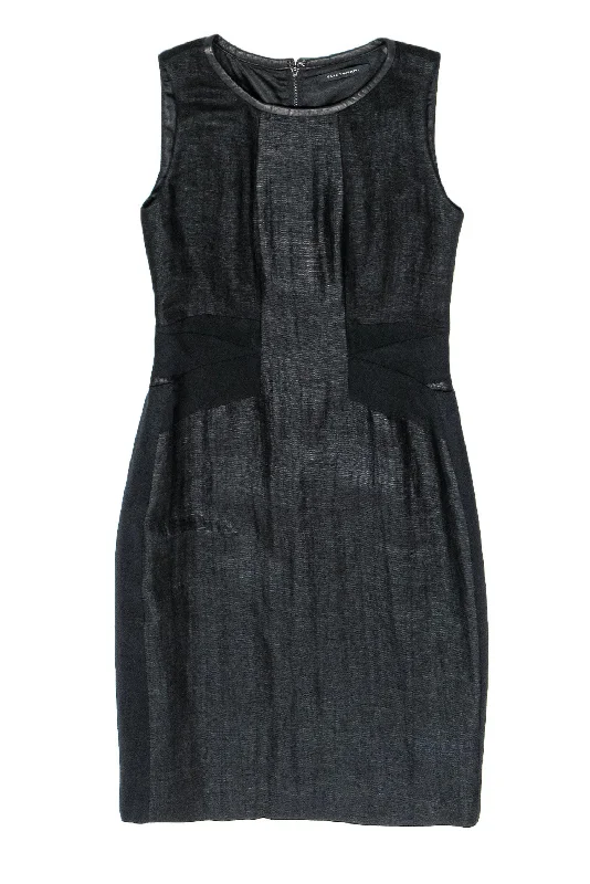 Lace - Embellished Women Dress for an Elegant and Sophisticated Appearance Lace - Embellished Women Dress for an Elegant and Sophisticated Appearance Elie Tahari - Black Shiny Sleeveless Sheath Dress w/ Leather Trim Sz S