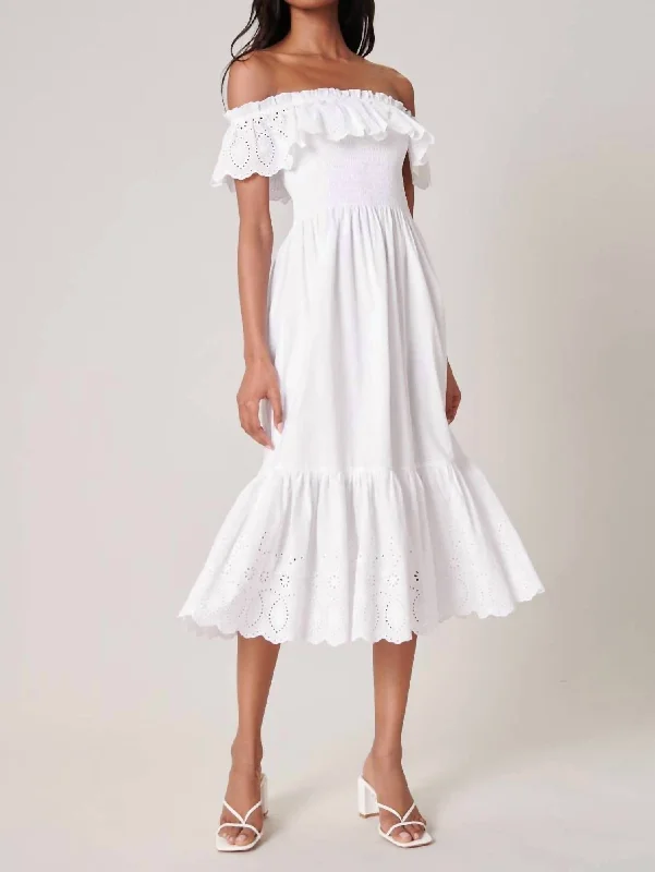 Empire Waist Women Dress to Accentuate the Bust and Conceal the Waist Empire Waist Women Dress to Accentuate the Bust and Conceal the Waist Esmeralda Smocked Eyelet Midi Dress In White