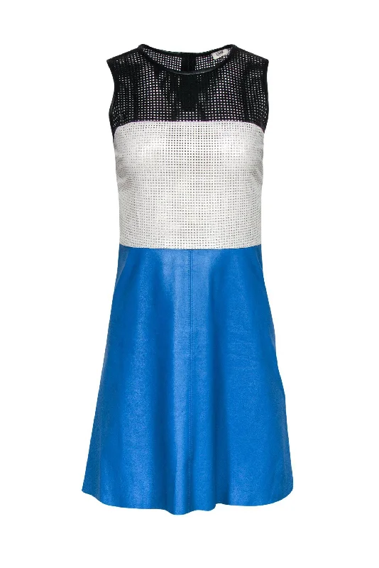 Mini Women Dress with a Short Hem for a Young and Trendy Style Mini Women Dress with a Short Hem for a Young and Trendy Style L'Agence - Blue, Black & White Colorblocked Leather Fit & Flare Dress w/ Laser Cutouts Sz 2