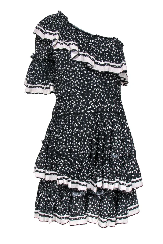 Plus Size Women Dress with a Flattering A - Line Cut for Comfort and Style Plus Size Women Dress with a Flattering A - Line Cut for Comfort and Style Love Sam - Black & Grey Floral Print One-Shoulder Ruffle Tiered Dress Sz S