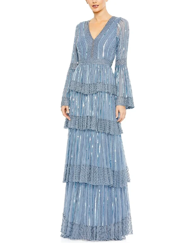 Wrap - Style Women Dress with Adjustable Fit for All Body Types Wrap - Style Women Dress with Adjustable Fit for All Body Types Mac Duggal Embellished Bell Sleeve Tiered Gown