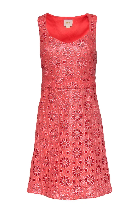 Wrap - Style Women Dress with Adjustable Fit for All Body Types Wrap - Style Women Dress with Adjustable Fit for All Body Types Maeve - Pink Floral Eyelet A-Line Dress w/ Silver Embroidery Sz 2