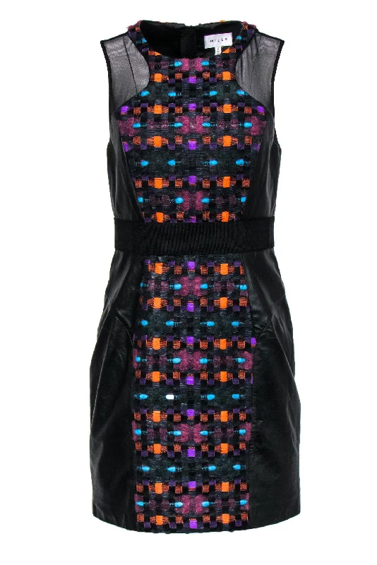 Sleeveless Women Dress in Bright Colors for Summer Parties Sleeveless Women Dress in Bright Colors for Summer Parties Milly - Multicolored Tweed Paneled Dress w/ Leather & Mesh Sz 6