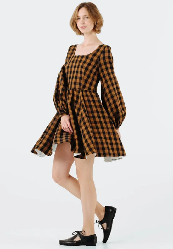 Empire Waist Women Dress to Accentuate the Bust and Conceal the Waist Empire Waist Women Dress to Accentuate the Bust and Conceal the Waist Mini Carmen Dress, Long Sleeve, Brown Checkers Empire Waist Women Dress to Accentuate the Bust and Conceal the Waist Empire Waist Women Dress to Accentuate the Bust and Conceal the Waist Mini Carmen Dress, Long Sleeve, Brown Checkers