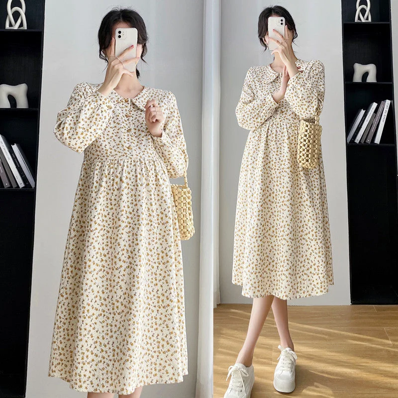 Pleated Women Dress with a Timeless and Elegant Texture Pleated Women Dress with a Timeless and Elegant Texture NiDELL Maternity Dress . Spring and Autumn Printed Long Sleeve Base Dress Floral High Waist Maternity Dress