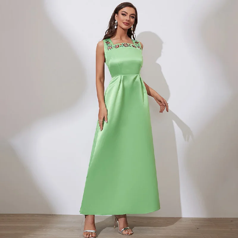 Lace - Embellished Women Dress for an Elegant and Sophisticated Appearance Lace - Embellished Women Dress for an Elegant and Sophisticated Appearance NiDELL ZG-21608 Hot Sale . New Cross-Border Amazon Sleeveless Dress Square Collar High Waist A- line Dress Long Skirt