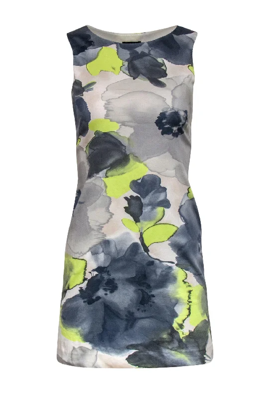 Halter Neck Women Dress to Show Off the Shoulders and Neckline Halter Neck Women Dress to Show Off the Shoulders and Neckline Theory - Grey & Yellow Splotched Floral Patterned Dress Sz 0