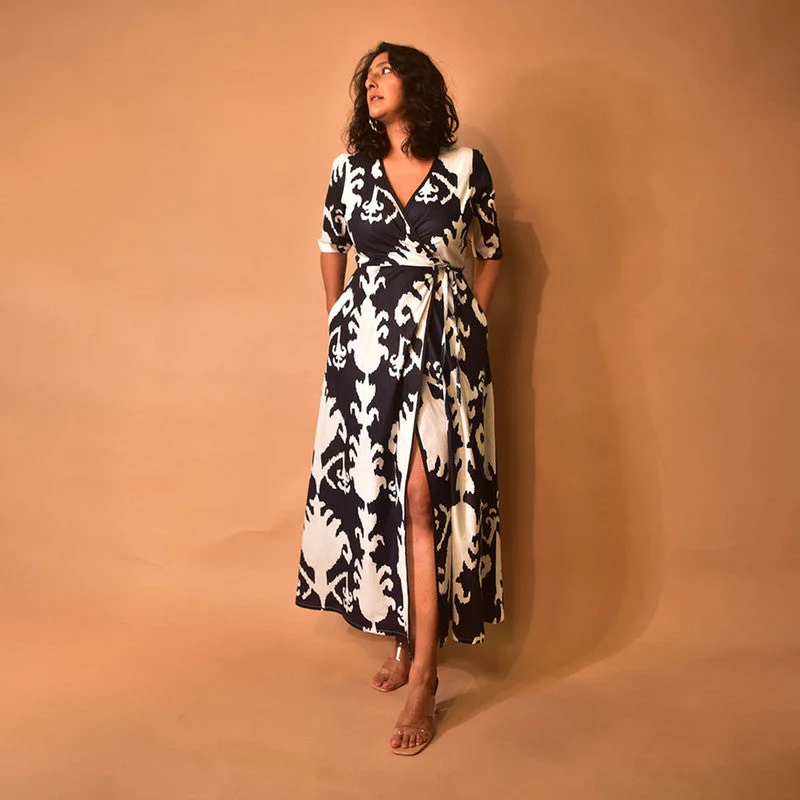 Mermaid - Style Women Dress with a Fitted Silhouette for Special Occasions Mermaid - Style Women Dress with a Fitted Silhouette for Special Occasions Dresses For Women | Cotton Wrap Dress | Hand Block Print | Black & White Mermaid - Style Women Dress with a Fitted Silhouette for Special Occasions Mermaid - Style Women Dress with a Fitted Silhouette for Special Occasions Dresses For Women | Cotton Wrap Dress | Hand Block Print | Black & White