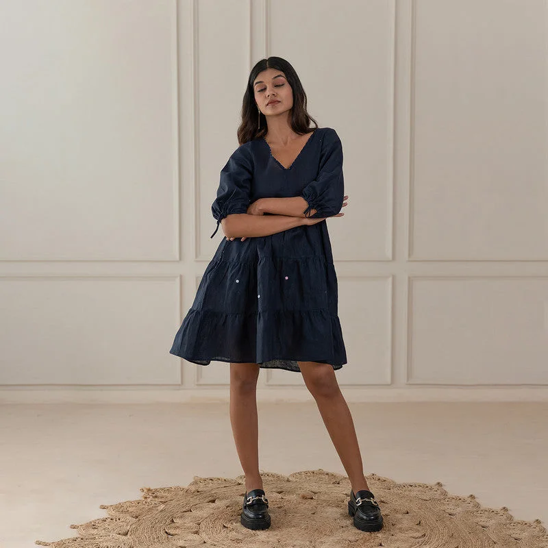Pleated Women Dress with a Timeless and Elegant Texture Pleated Women Dress with a Timeless and Elegant Texture Dress for Women | Linen Dress | Hand Embroidery | Blue