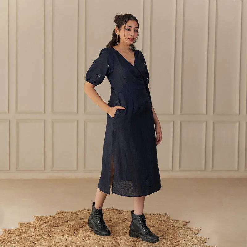 Maxi Women Dress with Floral Print for a Bohemian Vibe Maxi Women Dress with Floral Print for a Bohemian Vibe Linen Wrap Dress for Women | Floral Hand Embroidery | Blue